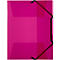 A pink document folder with a black elastic band closure.