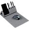 Grey desk set: phone holder, pen holder, mousepad, mouse.