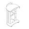 Black and white representation of a lectern with dimensions. Rounded work surface with handle at the top. Below, shelves, and at the bottom, castors.