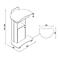 Line drawing of a standing desk with dimensions. Top a curved shelf with handle. Below cabinet with door.