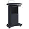 Dark gray presentation stand with shelves, cabinet and wheels. A handle is on top.