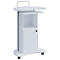White, rolling laptop stand with shelves, a door, and a handle. Gray metal column.