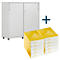 Weißer Aktenschrank mit Papierstapeln daneben. Ein Plus-Zeichen deutet auf die Kombination der Artikel hin.