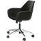 Black office chair with white stitching and chrome frame. The chair is equipped with five castors.