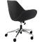 Black office chair, rear view. Black seat with white stitching, silver frame with wheels.