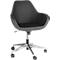 Black office chair with armrests, white stitching and wheels.