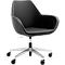 Black swivel chair with white stitching and silver frame on wheels.