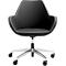 Black office chair with wheels and silver metal legs. The seam of the seat and armrests is light-colored.