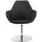 Black swivel chair with white stitching and chrome base.