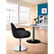Black office chair, with white seam and chrome foot, in front of window and table.