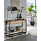 Konsole mit Holzplatte, Metallrahmen, Lampe, Vase, Dekoration und Pflanze. Im Hintergrund Fenster mit Stadtblick.