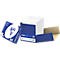 Blauw en witte papierverpakking met papier. Een verpakking ligt ernaast. Opschrift: Clairefontaine, Clairalfa.
