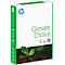 Papierpakket met de tekst "Climate Choice" en HP-logo. Daaronder een groene scheut die uit de grond groeit.