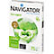 Weißer Papierkarton mit Logo "NAVIGATOR", grüner Globus mit Händen, die eine Pflanze halten. Schriftzüge: "Eco-Logical", "Office Paper Solutions", "75 g.m2".