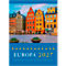 Couverture de calendrier montrant des façades historiques colorées à Stockholm et le titre EUROPA 2027 avec douze étoiles jaunes.