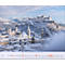Vue hivernale de Salzbourg avec des bâtiments enneigés, dont la forteresse de Hohensalzburg. Calendrier avec affichage de la date en rouge.