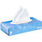 Blau-weißes Kleenex-Taschentücher-Box, weiße Taschentücher ragen heraus.