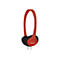 Rote Kopfhörer mit schwarzen Ohrmuscheln, Logo "Koss".
