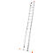 Silver-colored ladder, set up. Orange end caps and a wide base provide stability.