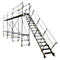 A scaffold with stairs, standing against a white background.