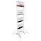 Tall, silver scaffolding with multiple levels, red railing, and wheels. Stable.