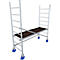 Scaffolding on wheels. Silver construction with brown standing surface. Blue castors.