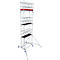 Tall, silver scaffolding with red elements and brown platforms. It has castors and stands stably against a white background.