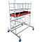 Scaffolding with red platform and rollers. Made of aluminium. Blue rollers.