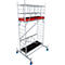 A silver metal scaffold. A red box is visible at the top, with a black platform below. Blue rollers on the bottom.