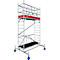A freestanding, silver scaffold with a red platform and black steps, on blue wheels.