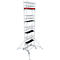 A tall, mobile scaffold with multiple work levels. It stands on wheels and has a red platform at the top.
