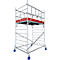 A silver scaffold on wheels, with a red platform in the middle.