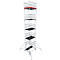 A tall mobile scaffold with multiple platforms, red and black surfaces. The background is white.