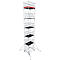 High metal scaffolding standing on wheels. Platforms black, one platform red.