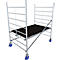 A silver mobile scaffolding with a black platform and blue wheels.