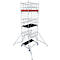 A tall, silver scaffolding structure. It has several platforms, a red bar and stands on wheels. Support legs widen the base.