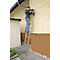 Man op ladder die lamp aan de muur bevestigt. Huis muur beige, bruin. Goot, voetpad, struikgewas en grind.