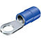 Blauwe kabeloog met een rond gat en een metalen contactoppervlak.