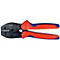 Krimptang met rode en blauwe handgrepen. Zwarte kop, zilveren belettering. Detail: "KNIPEX 97 52 30"