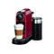 Rote Krups Nespresso Kaffeemaschine mit schwarzem Milchaufschäumer und einem Glas Latte Macchiato.