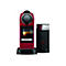 Rote Nespresso Kaffeemaschine mit schwarzem Milchaufschäumer und Tasse Espresso vor weißem Hintergrund.