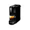 Schwarze Krups Nespresso Kaffeekapselmaschine mit einer Tasse Espresso auf einem weißen Hintergrund.