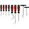 Un ensemble de neuf outils à crochet et grattoirs KS Tools différents avec des poignées noir et rouge sur fond blanc.
