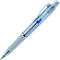 Blauer, transparenter Faber-Castell Poly Ball View Kugelschreiber mit geriffelter Griffzone vor weißem Hintergrund.