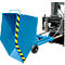 Blue container for forklift, with yellow-black marking and a wheel.