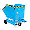 Blue metal container on wheels. Yellow and black warning markings on top edge. Chain and handle present.