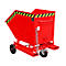 Red tipping container with yellow-black warning marking, castors and chain.