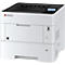 Weißer Kyocera-Laserdrucker mit Bedienfeld, Ein-/Ausschalter und Papierfach. Logo und Modellbezeichnung sind sichtbar.