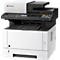 A white and black Kyocera multifunction printer. The control panel and top cover are black, the rest is white.