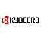 Kyocera-Logo. Rotes abstraktes Muster links, schwarzer Schriftzug rechts.